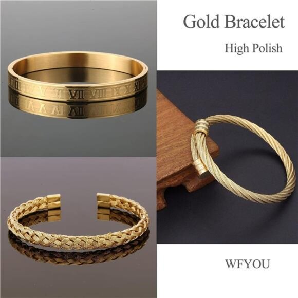 Mens Stainless Steel Bracelet Set Gold Roman Numeral Cuff Twisted Bangle Jewelry - Picture 6 of 7